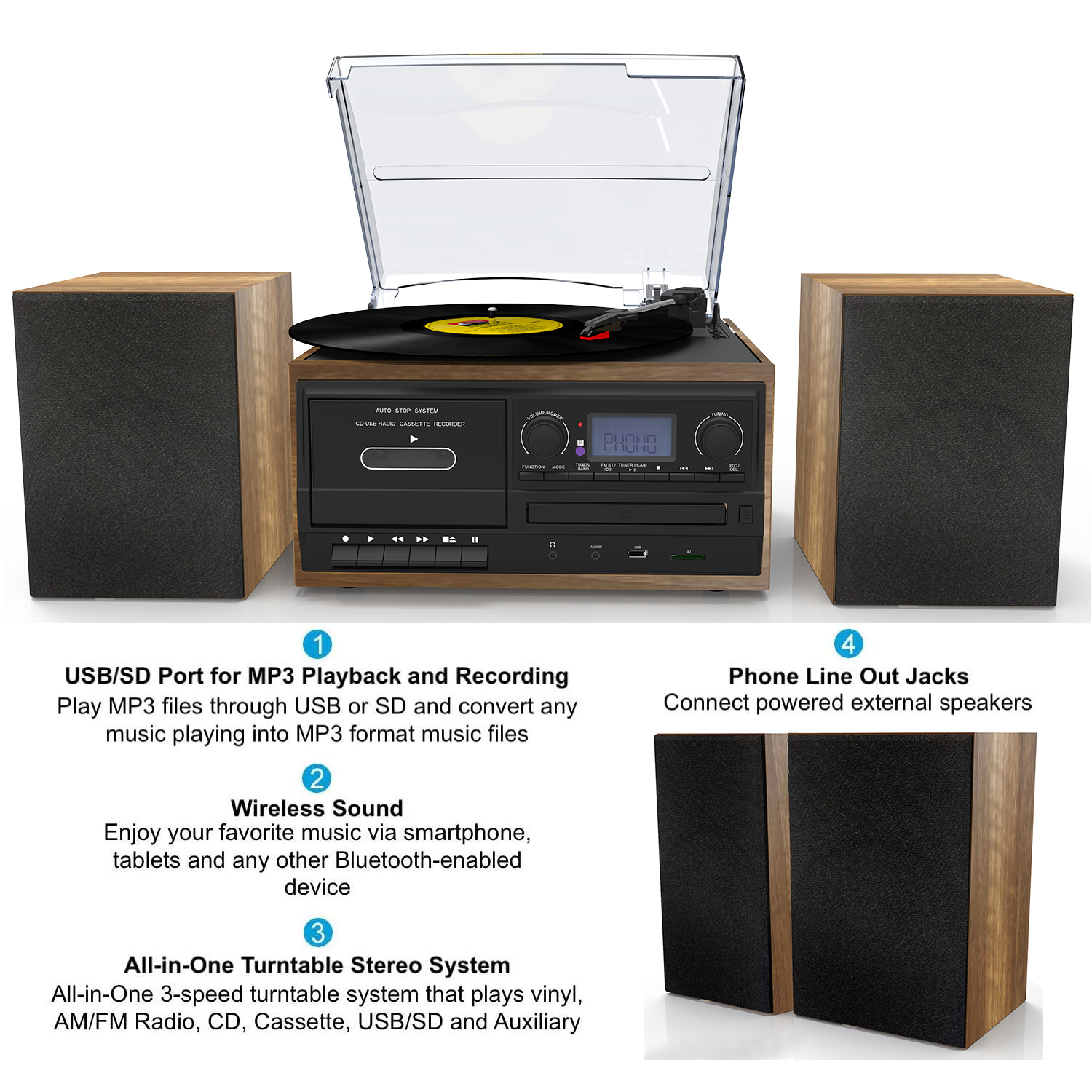 Boytone BT-58W Bluetooth Record Player Turntable with CD Player, Convert LP Vinyl, CD to MP3 Player, Cassette, AM/FM Radio, Aux, USB/SD Encoding, Remote Control, Audio Music Player Built in Amplifier